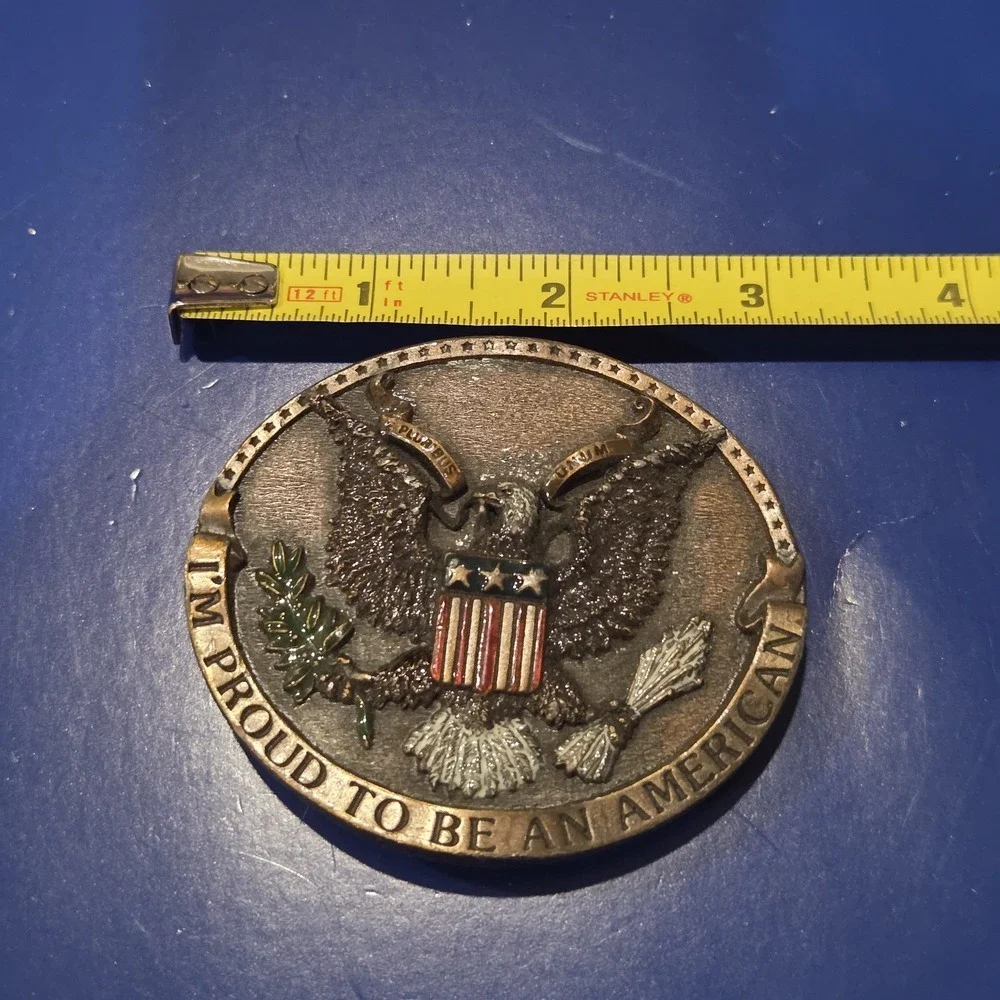 I'm Proud to Be an American Great Seal Eagle Belt Buckle Round Brass Enamel